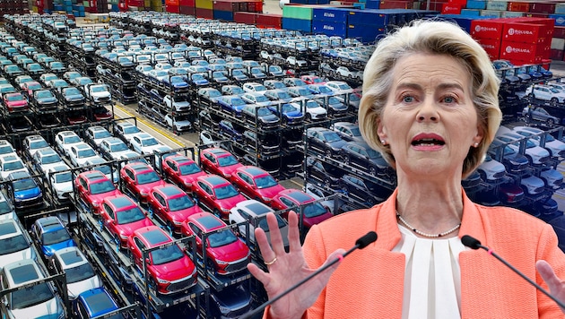 Tausende E-Autos von BYD aus China drängen in die EU - Tendenz steigend. China wird über die Rede von Ursula von der Leyen wohl milde lächeln. (Bild: APA/Picturedesk, Krone KREATIV)