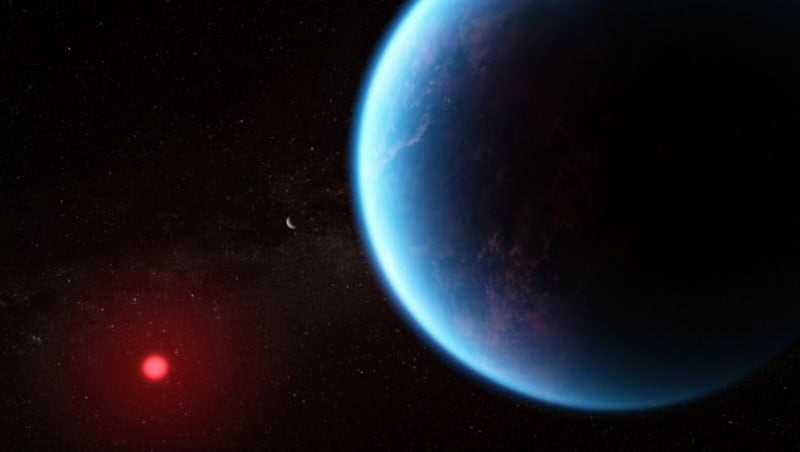 Künstlerische Illustration: So könnte der Exoplanet K2-18b aussehen, auf dem die NASA Hinweise auf mögliche Spuren von Leben entdeckt hat. (Bild: NASA, CSA, ESA, J. Olmsted (STScI), Science: N. Madhusudhan (Cambridge University))