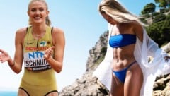 Alica Schmidt, links bei der Leichtathletik-Weltmeisterschaft in Budapest im August, rechts im Urlaubsmodus (Bild: AP, Instagram.com/alicasmd)