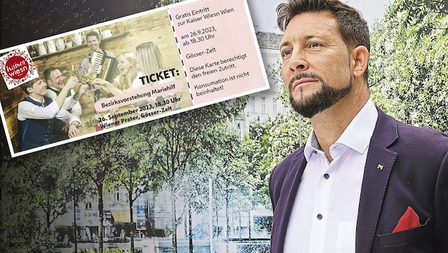 Markus Rumelhart lädt die Mariahilfer auf ein Event ein, das sowieso gratis ist - mit Tickets, die gar nicht echt sind. (Bild: Klemens Groh, zVg, Krone KREATIV)