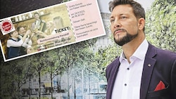 Markus Rumelhart lädt die Mariahilfer auf ein Event ein, das sowieso gratis ist - mit Tickets, die gar nicht echt sind. (Bild: Klemens Groh, zVg, Krone KREATIV)