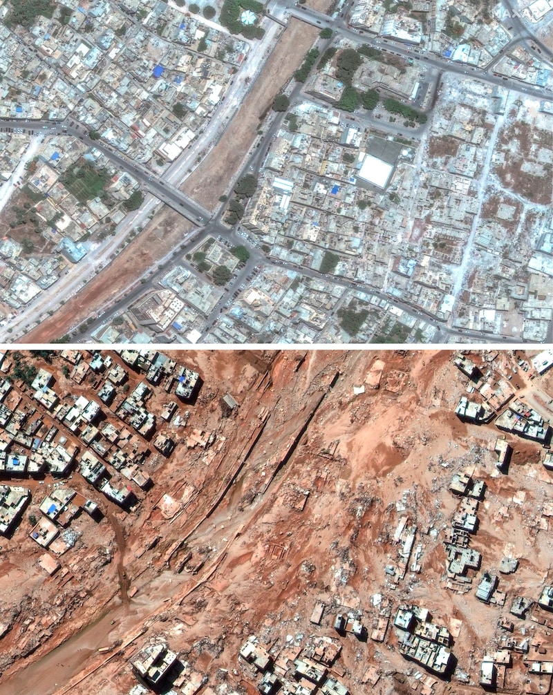 Die Stadt Darna vor und nach der tödlichen Flut (Bild: AP)