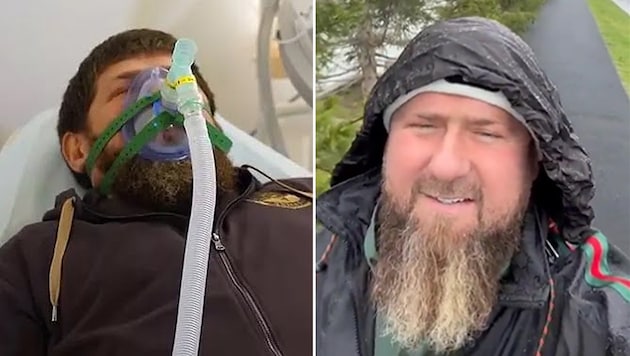 Beide Aufnahmen sollen Ramsan Kadyrow zeigen - doch welche echt und welche ein Fake ist, ist unklar. (Bild: Telegram)