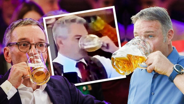 Duell der Kanzler-Anwärter: Herbert Kickl und Andreas Babler zeigen sich hemdsärmelig beim Biertrinken, Karl Nehammer trank beim Kirtag ein Krügerl Bier „ex“. Im Glas waren aber nur zwei Zentimeter Bier. Der Rest: Mineralwasser ... (Bild: Daniel Scharinger, APA, Instagram, Krone KREATIV)