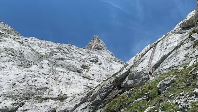 Die Hochtron-Leiter führt über Absturzgelände auf das Plateau des Tennengebirges. (Bild: Max Kronberger)