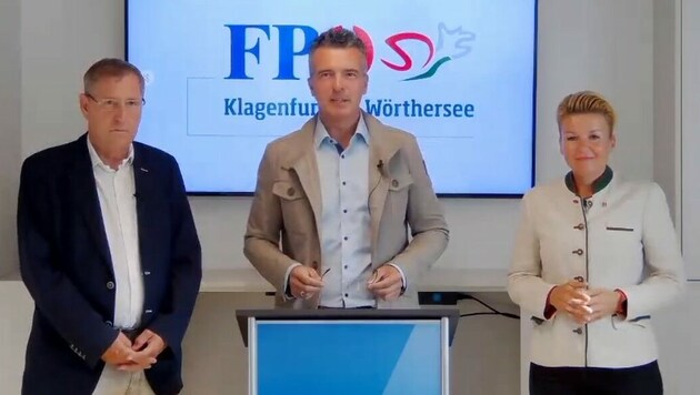 Andreas Skorianz, Gernot Darmann und Sandra Wassermann bei der FPÖ-Pressekonferenz. (Bild: FPÖ Kärnten)