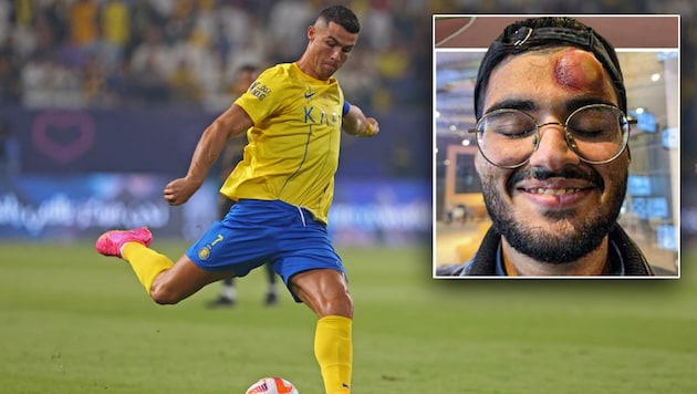 Schmerzhafter Fehlschuss: Ronaldo traf einen Kameramann auf der Strin. (Bild: APA/AFP/Fayez NURELDINE, Facebook/Sportskeeda Football)