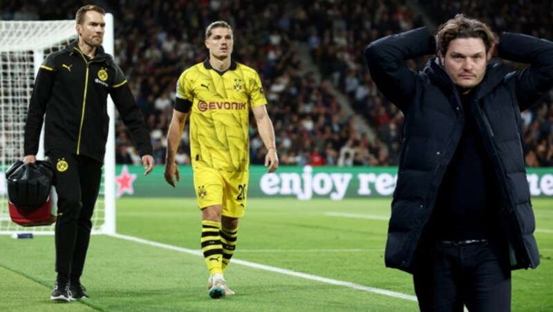 Edin Terzic (r.) hat sich zu Marcel Sabitzers Verletzung geäußert. (Bild: APA/AFP/Ronny Hartmann/FRANCK FIFE)