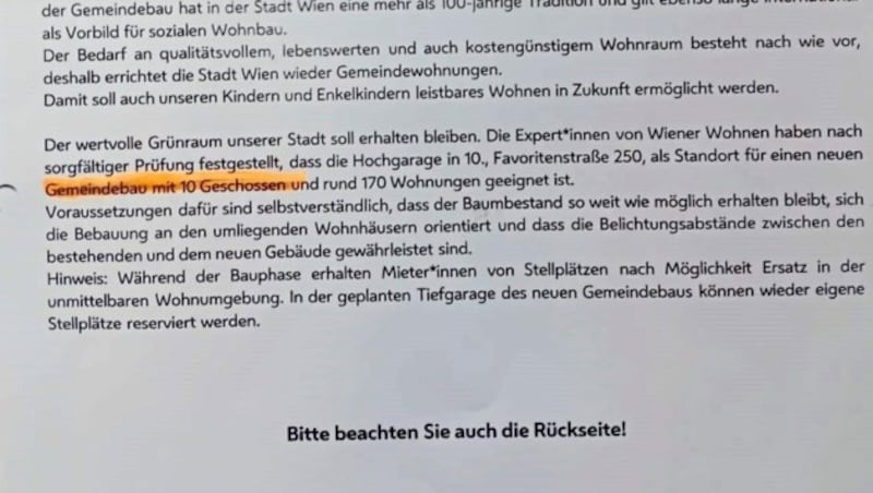 Das Mieterschreiben ist laut Wiener Wohnen eine sehr frühzeitige Erstinformation, die an alle Mieter dieser Wohnhausanlage versendet wurde. (Bild: zVg)