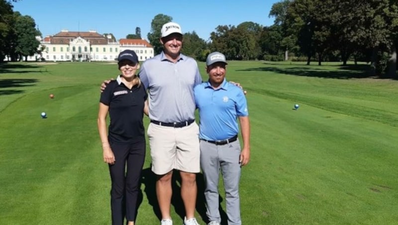 Emma Spitz, Sepp Straka und Clemens Dvorak (von links nach rechts) am Mittwoch im GC Schloss Schönborn. (Bild: GC Schloss Schönborn)