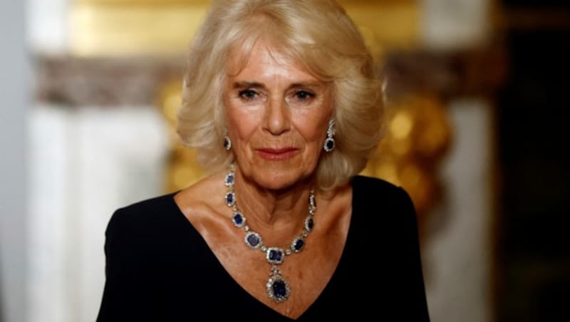 Camilla trug für das Staatsbankett ein dunkelblaues Outfit. (Bild: APA/AFP/POOL/BENOIT TESSIER)