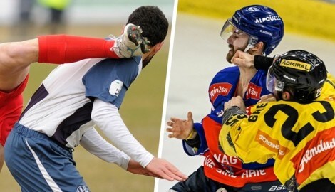Kung-Fu-Einlagen kommen im Fußball ebenso vor wie Boxkämpfe im Eishockey - wir erklären, ab wann Straf- und Zivilrecht greifen. (Bild: stock.adobe.com, GEPA, Krone KREATIV)
