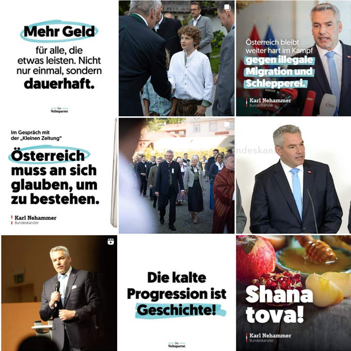 Auf der Instagram-Seite von Karl Nehammer stehen ÖVP-Botschaften neben Kanzler-Content. (Bild: Screenshot/Instagram)