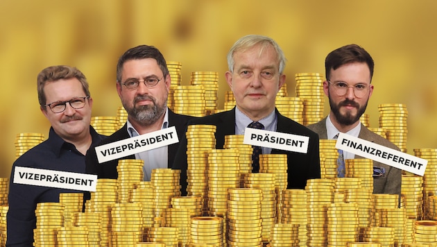 Geld spielt (k)eine Rolle im Konflikt von Finanzreferent Tömböl (g. r.) sowie den Vizepräsidenten Huber (g. l.) und Ferenci (2. v. l.) mit Steinhart (2. v. r.). (Bild: stock.adobe.com, Gerhard Bartel, Zwefo, Krone KREATIV)