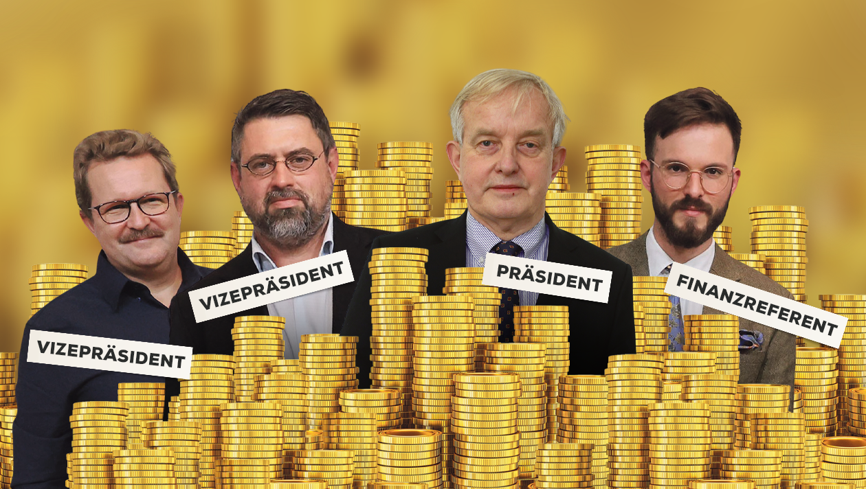 Geld spielt (k)eine Rolle im Konflikt von Finanzreferent Tömböl (g. r.) sowie den Vizepräsidenten Huber (g. l.) und Ferenci (2. v. l.) mit Steinhart (2. v. r.). (Bild: stock.adobe.com, Gerhard Bartel, Zwefo, Krone KREATIV)