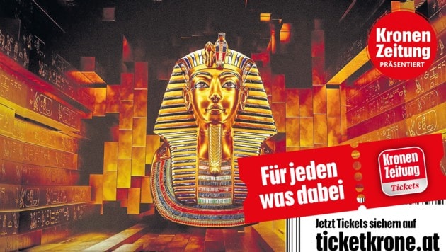 Besuchen Sie die Ausstellung „Tutanchamuns - Das immersive Erlebnis“ bis 21. Jänner 2024 in der Marx Halle, Wien. (Bild: MAD)
