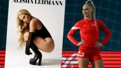 Alisha Lehmann in ihrer Dienstkleidung (rechts) und als Cover-Girl ihres eigenen Kalenders (Bild: AFP, Instagram.com/alishalehmann)