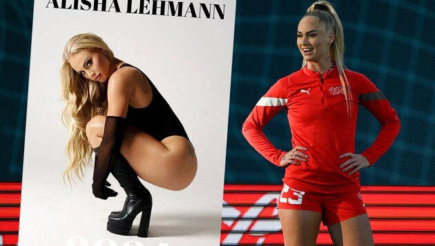 Alisha Lehmann in ihrer Dienstkleidung (rechts) und als Cover-Girl ihres eigenen Kalenders (Bild: AFP, Instagram.com/alishalehmann)