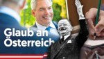 Bundeskanzler Karl Nehammer (ÖVP) will Mut machen und gibt den modernen Leopold Figl, Nachkriegskanzler im zerstörten Österreich. (Bild: Votava, ÖVP-Pressesujet, Krone KREATIV)