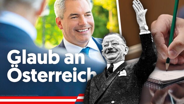 Bundeskanzler Karl Nehammer (ÖVP) will Mut machen und gibt den modernen Leopold Figl, Nachkriegskanzler im zerstörten Österreich. (Bild: Votava, ÖVP-Pressesujet, Krone KREATIV)