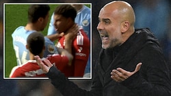 Rodri sah für seinen Ausraster zu Recht die Rote Karte. Nach dem Spiel wurde der Spanier von Trainer Pep Guardiola zurechtgewiesen. (Bild: APA/AFP/Oli SCARFF, Twitter.com/TheEuropeanLad, krone.at-kreativ)