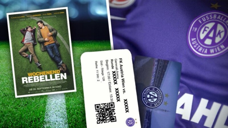 Gewinnen Sie mit krone.at zum Kinostart von „Die Wochenendrebellen“ 1x2 Business VIP-Tickets vom FK Austria Wien. (Bild: © 2023 LEONINE; stock.adobe.com; FK Austria, Krone KREATIV)