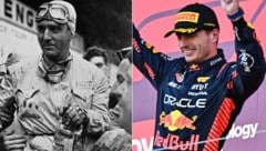 Giuseppe Farina (links), der Weltmeister von 1950 und Max Verstappen, der Weltmeister von 2022 und sehr wahrscheinlich 2023 (Bild: APA/AFP/BELGA, APA/Kazuhiro NOGI)