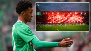 Rapids Fally Mayulu verfehlte während des Mega-Feuerwerks im Rapid-Sektor das leere Tor. (Bild: GEPA pictures)