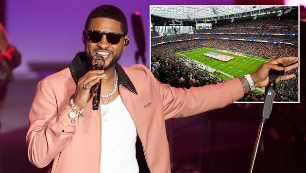 Usher tritt beim Super Bowl 2024 in der berühmten Halbzeitshow auf. (Bild: Charles Sykes/Invision/AP, APA/Getty Images via AFP/GETTY IMAGES/Jeff Bottari, krone.at-kreativ)