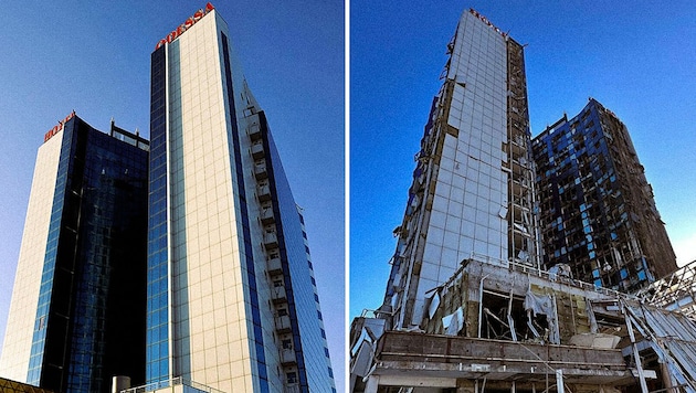 Das Hotel „Odessa“ vor und nach dem Angriff (Bild: APA/AFP/UKRAINIAN EMERGENCY SERVICE/Handout)