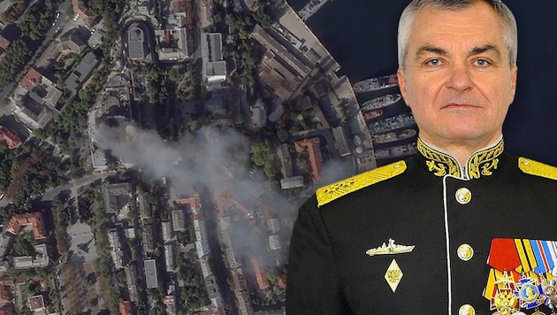 Es steht die Vermutung im Raum, dass der Kreml mit Archivaufnahmen den Admiral „weiterleben“ lässt. (Bild: OSINT/AP, Krone KREATIV)