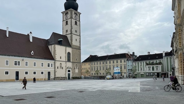 Auf Grün wird man auf dem St. Pöltner Domplatz noch warten müssen, ein Kunstwerk gibt es bereits ab Samstag. (Bild: L. Lusetzky)