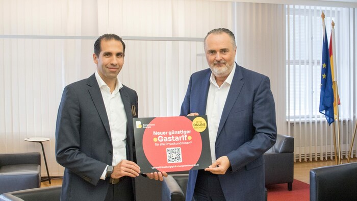 Landeshauptmann Hans Peter Doskozil und Burgenland-Energie-Vorstandsvorsitzender Stephan Sharma ...
