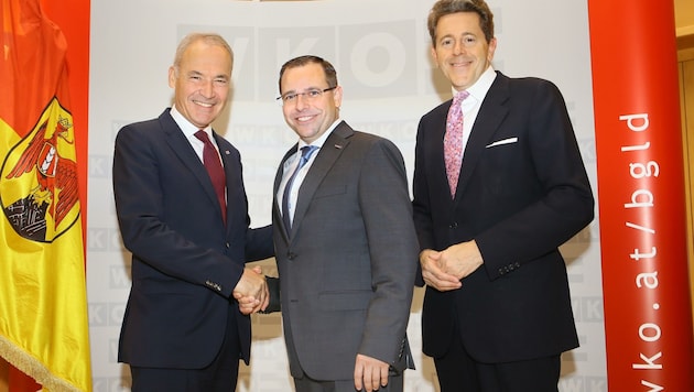 Der neue Präsident Andreas Wirth (Mitte) mit Vorgänger Peter Nemeth (links) und Wirtschaftskammer-Österreich-Chef Harald Mahrer. (Bild: Jens Krauss)