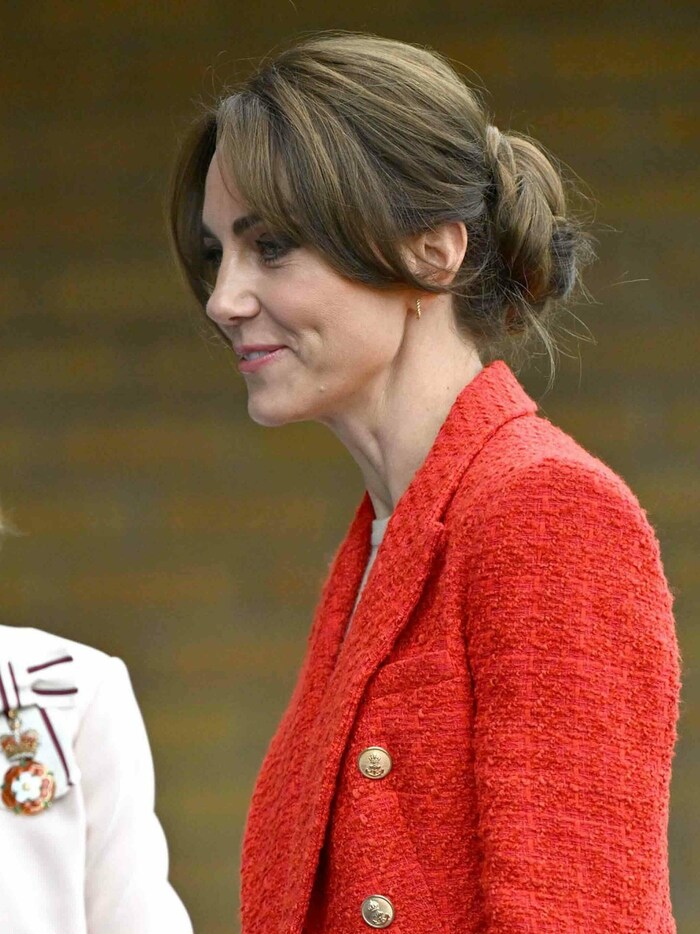 Die Prinzessin von Wales hatte ihr Haar für diesen Termin zu einem Dutt am Hinterkopf ...