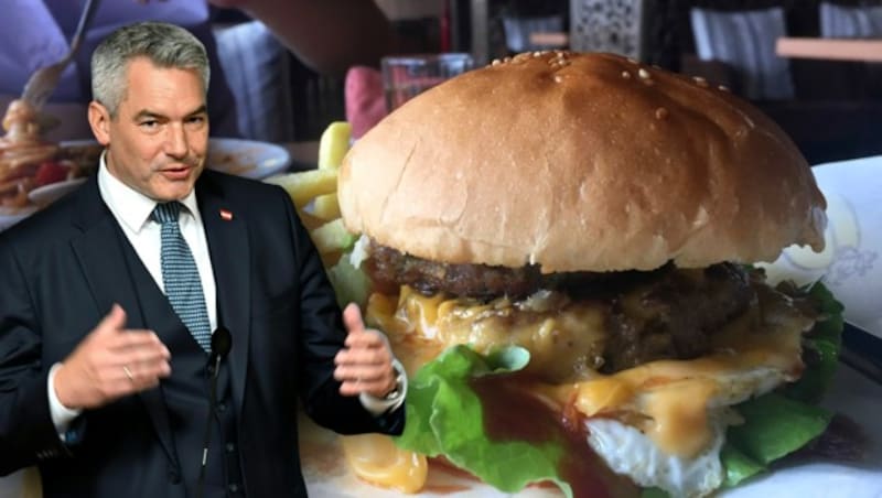 In Österreich wird derzeit viel über den Burger-Sager von Karl Nehammer diskutiert. (Bild: APA/HARALD SCHNEIDER, AP, Krone KREATIV)