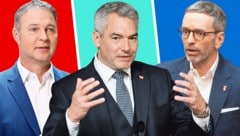 Österreich hat die Qual der Wahl: Babler, Nehammer oder Kickl? (Bild: APA, picturedesk.com, Krone KREATIV)