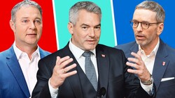 Österreich hat die Qual der Wahl: Babler, Nehammer oder Kickl? (Bild: APA, picturedesk.com, Krone KREATIV)