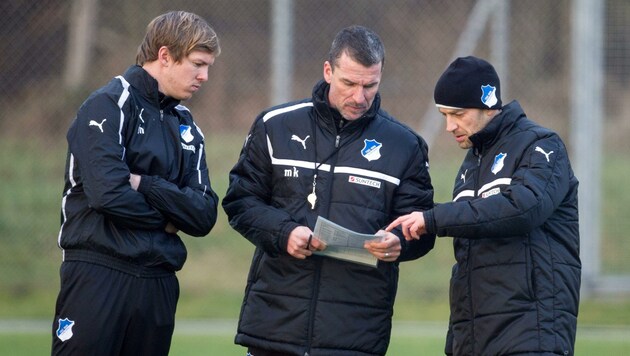 Der damals 25-jährige Julian Nagelsmann (links) mit Co-Trainerkollege Günther Gorenzel (re.) und Ex-Hoffenheim-Trainer Marco Kurz. (Bild: UWE ANSPACH)