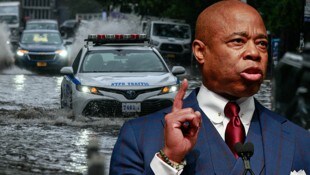 Das Krisenmanagement von Stadtchef Eric Adams steht in der Kritik. (Bild: APA/AFP/KENA BETANCUR, APA/AFP/ED JONES, Krone KREATIV)
