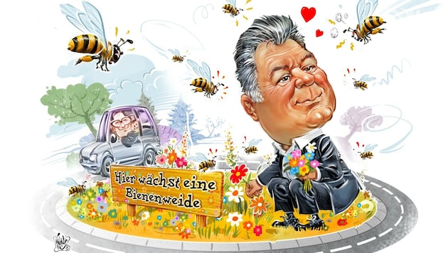 Landesrat Günther Steinkellner (FPÖ) genieß die Bienenweide. Hoffentlich bekommt er keinen Stich ab. (Bild: Ilic Milan A.)