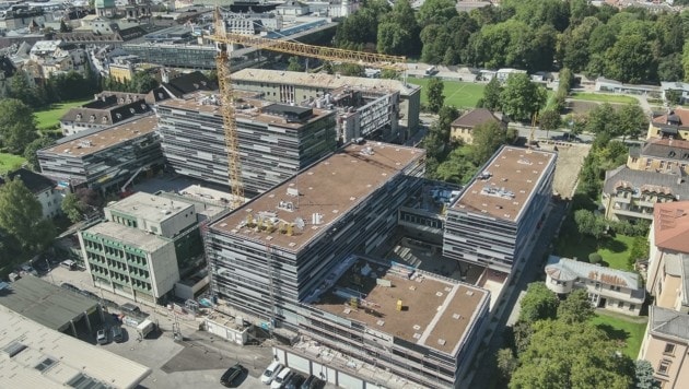 Ein Luftbild des neuen Gebäudekomplexes bestehend aus insgesamt sieben Gebäuden. Fünf sind komplett neu, zwei alte werden aufgestockt. (Bild: Polizei Tirol)