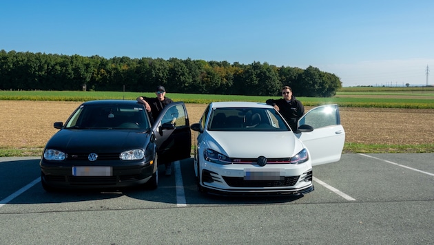 Sebastian Mahr (beim schwarzen Golf) und Lukas Mayerhofer sind echte Autoenthusiasten. Ihre Autos sind ihre Leidenschaft. Illegal ist dabei aber nichts. (Bild: Charlotte Titz)