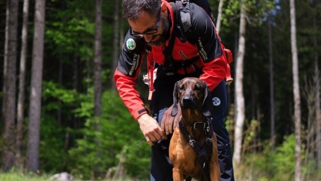 Alexander Seemann mit „Franziska“. Die sechsjährige Hündin wird im sogenannten „Mantrailing“ für die Suche von vermissten beziehungsweise abgängigen Personen eingesetzt. (Bild: Bergrettung OÖ)