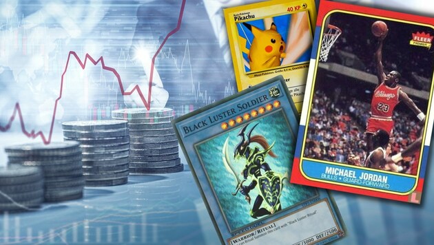 Egal ob Basketball, Yu-Gi-Oh oder Pokémon - im Sammelkarten-Markt steckt viel Geld. (Bild: stock.adobe.com, Konami (2), Fleer, Krone KREATIV )