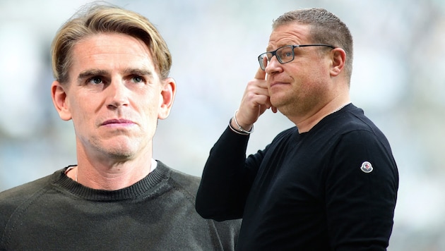 Christoph Freund (links) und Max Eberl suchen nach dem neuen Bayern-Trainer (Bild: APA/AFP/POOL/THILO SCHMUELGEN, GEPA)
