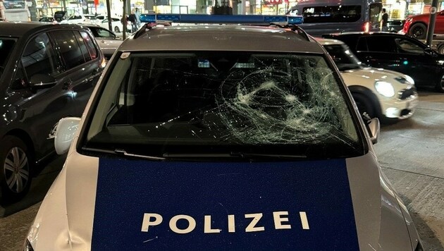 Der Verdächtige beschädigte gleich mehrere Polizeiautos mit der Metallschaufel. (Bild: LPD Wien)