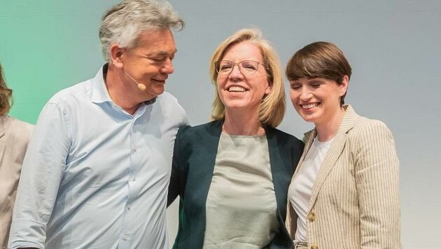 Grüne Größen: Werner Kogler, Leonore Gewessler und Sigi Maurer (v.l.n.r.) (Bild: SEPA.Media | Martin Juen)