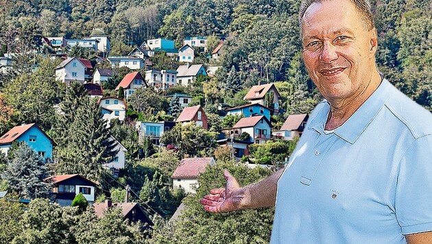 Ottakrings SPÖ-Bezirksvorsteher Franz Prokop wohnt jetzt in der Kleingartenanlage Rosental in Penzing. Zuvor hatte er ein grünes Idyll in seinem Heimatbezirk, der Anlage Waidäcker. (Bild: Reinhard Holl, PID / Christian Fürthner, Krone KREATIV)