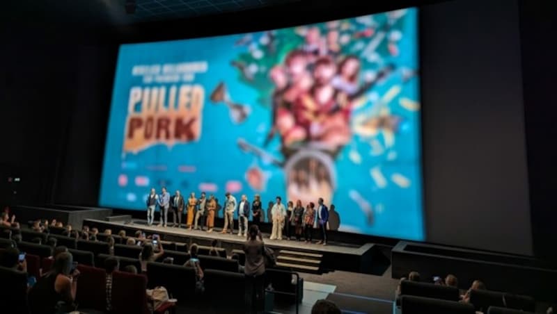 Paul Pizzera und Otto Jaus (Mitte), Moderatorin Sasa Schwarzjirg und Co-Stars Valerie Huber, Gregor Seberg, Elisabeth Kanettis, Melissa Naschenweng, Michael Rast, weitere NebendarstellerInnen sowie Regisseur Andreas Schmied und Filmproduzentin Loredana Rehekampff (Samsara Filmproduktion feierten auf der Bühne die erfolgreiche Premiere. (Bild: Harald Dragan)